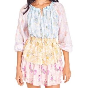 LoveShackFancy Silk Popover Mini Dress Rainbow Clouds Patchwork Floral Large